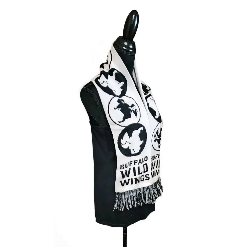 White & Black 100% Acrylic Scarf BUFFALO WILD WINGS - Unisex - With Fringe Hem